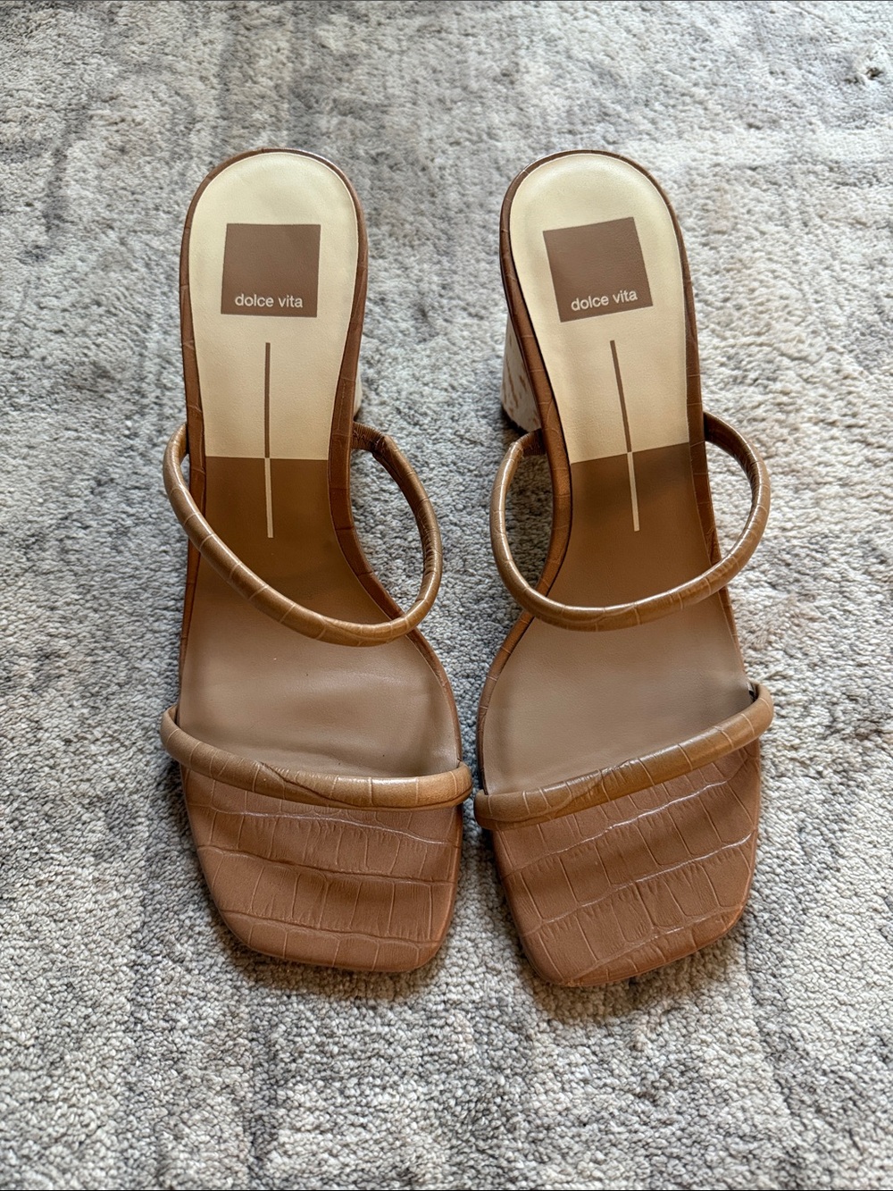 Dolce Vita Tan Croc-Embossed Double-Strap Block Heel Sandals - pony hair heel